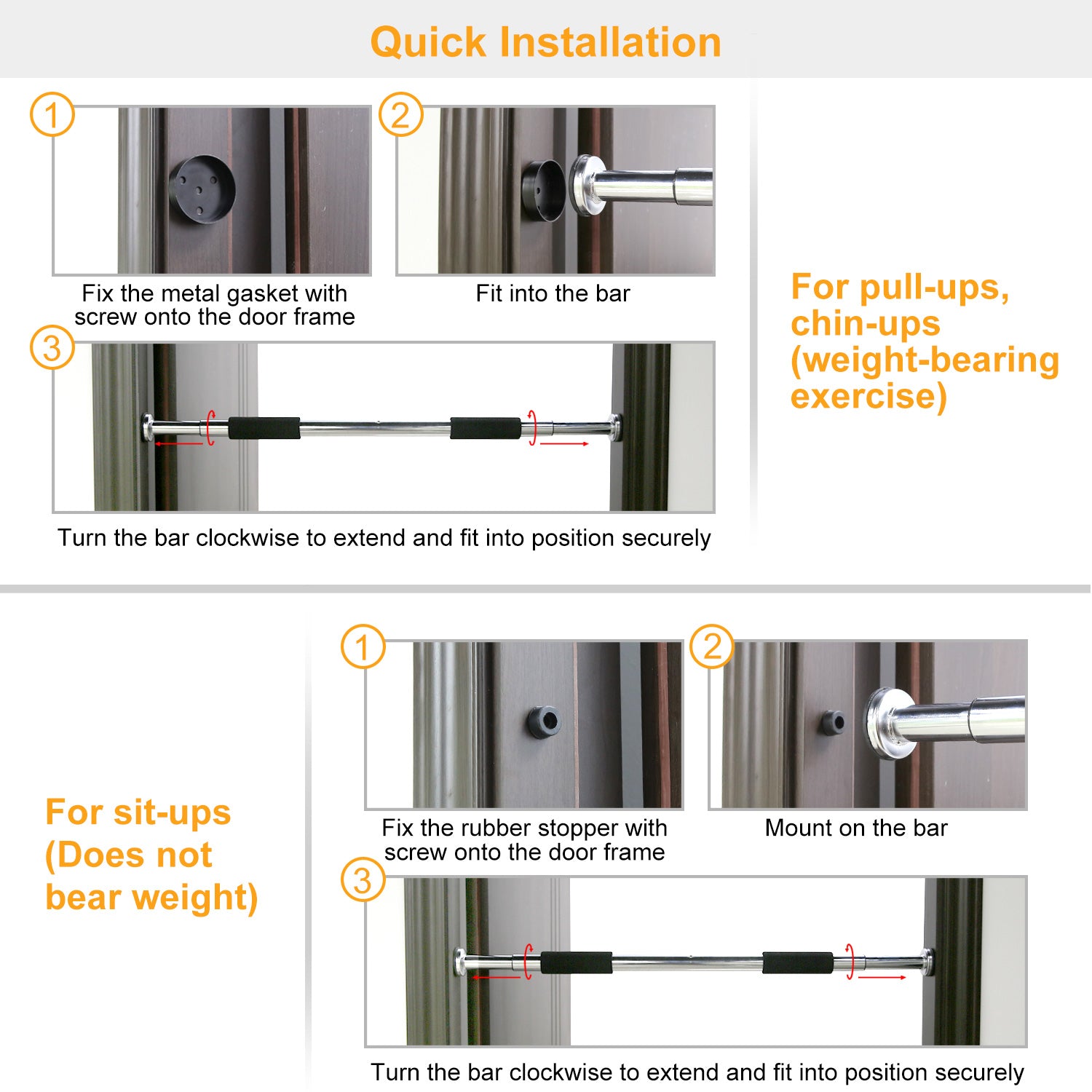 Doorway Pull Up Bar Exercise Gym Chin up Bar With Screws 24.4 To 39.4 Inches Adjustable Comfort Foam Grips For Door Home Exercise Workout Training Fit 