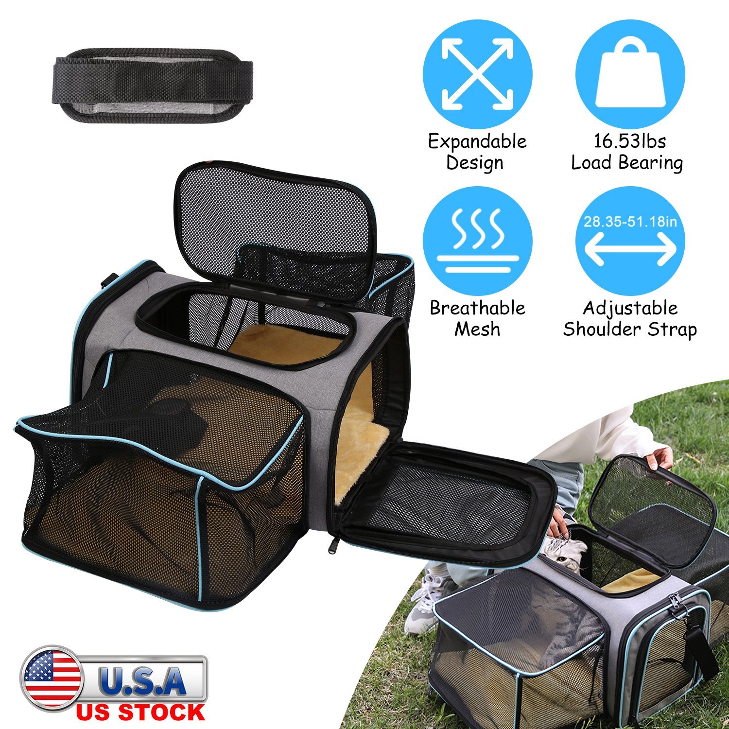 Expandable Pet Carrier Airline Approved Cat Dog Carrier Cat Collapsible Soft Carrier Bag with Removable Fleece Pad Pockets Breathable Mesh Adjustable