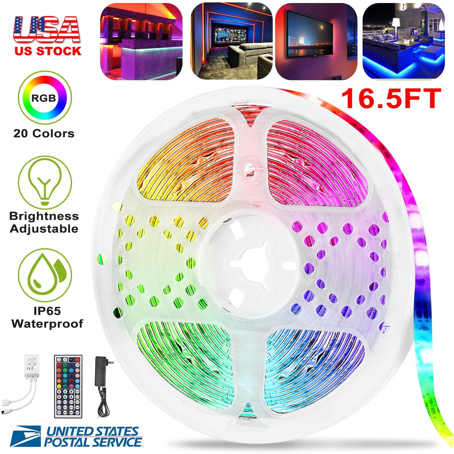 300 LEDs Strip Lights 5M/16.5ft 20 Colors RGB LED Strip IP65 Waterproof w/ Remote