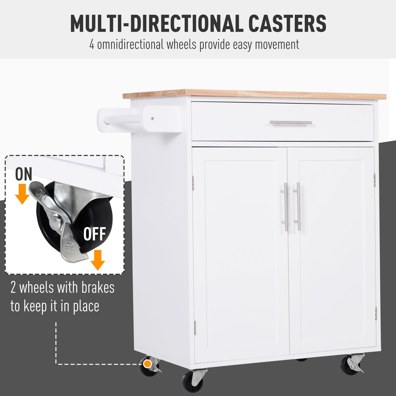 HOMCOM Wooden Kitchen Island Cart: White Rolling Serving Trolley with Storage Drawer, Towel Bar & Wheeled Mobility 