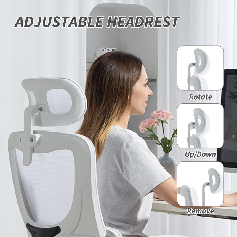 High Back Office Chair, Mesh Computer Chair with Rotatable Headrest, Lumbar Back Support, Adjustable Height, Cream White