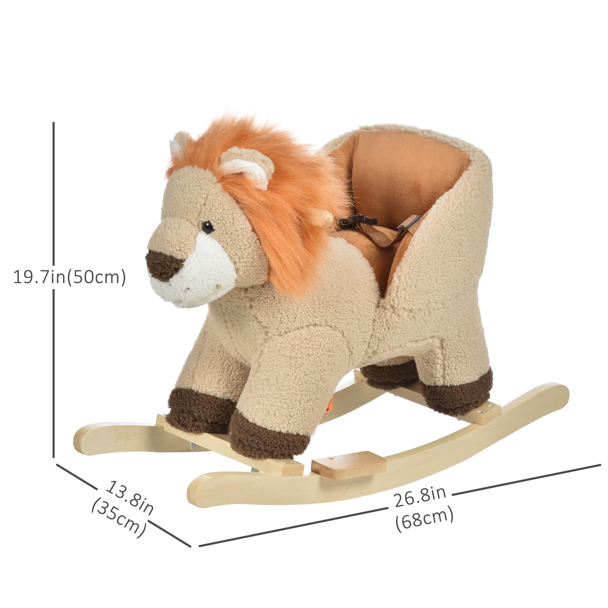 Qaba Lion Baby Rocking Horse - Plush Stuffed Rocker with Sound and Safety Belt, Wooden Base for Toddlers, Brown 
