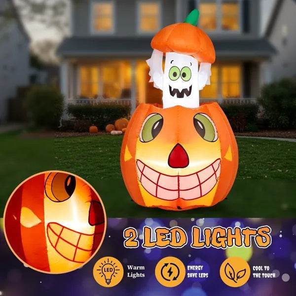 2.8 FT Halloween Inflatables Animated Pumpkin Ghost, Outdoor Decorations Blow Up Yard Decor With Built-in LEDs For Indoor Party Garden Lawn Decor 