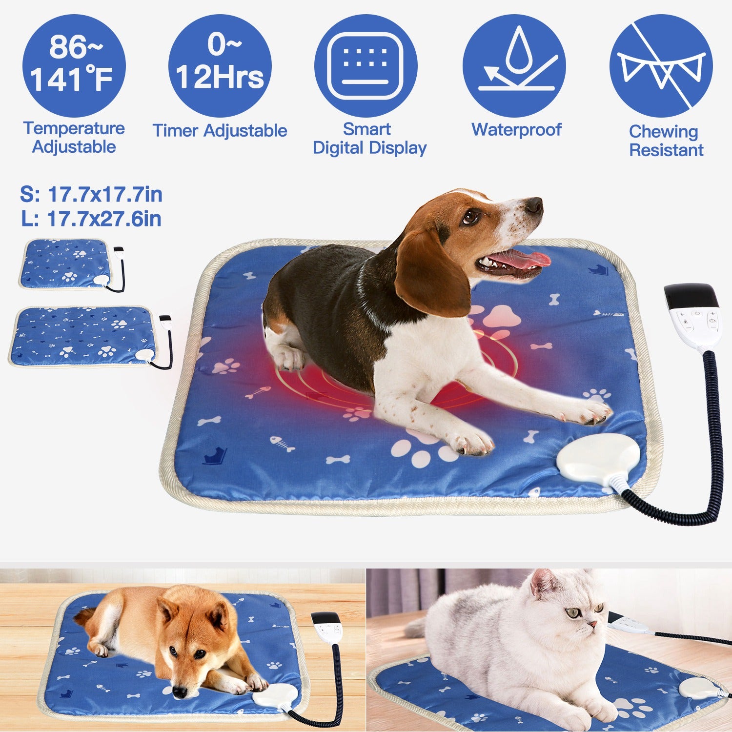 Pet Heating Pad Electric Dog Cat Heating Mat Waterproof Warming Blanket with 86-141? Adjustable Temperature 0-12 Timer Digital Display Chewing-resista