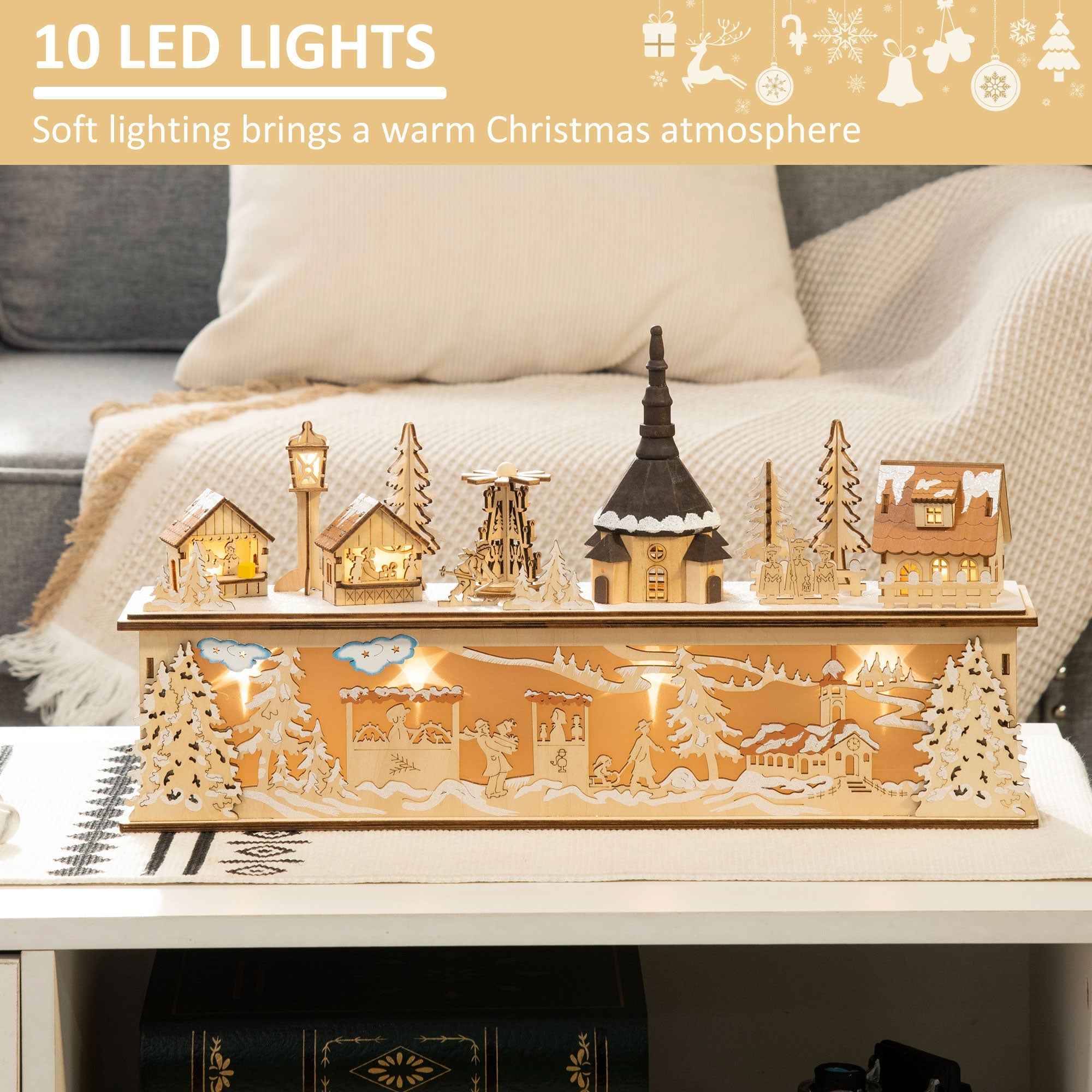 HOMCOM Desktop Christmas Decoration, Christmas Village Houses with Church, Windmill Battery Operated, Natural Wood 