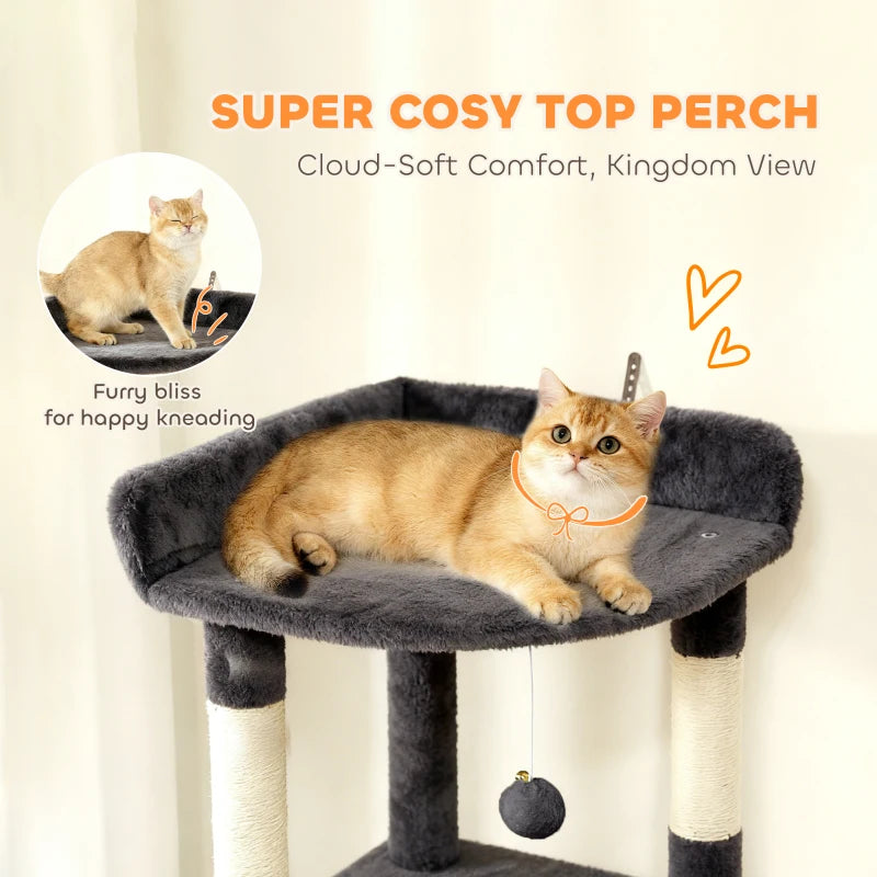 67" Large Cat Tree with 7 Scratching Posts, Tunnel, 2 Condos, Hammock, Perch, Ramp, Pompoms, Dark Grey