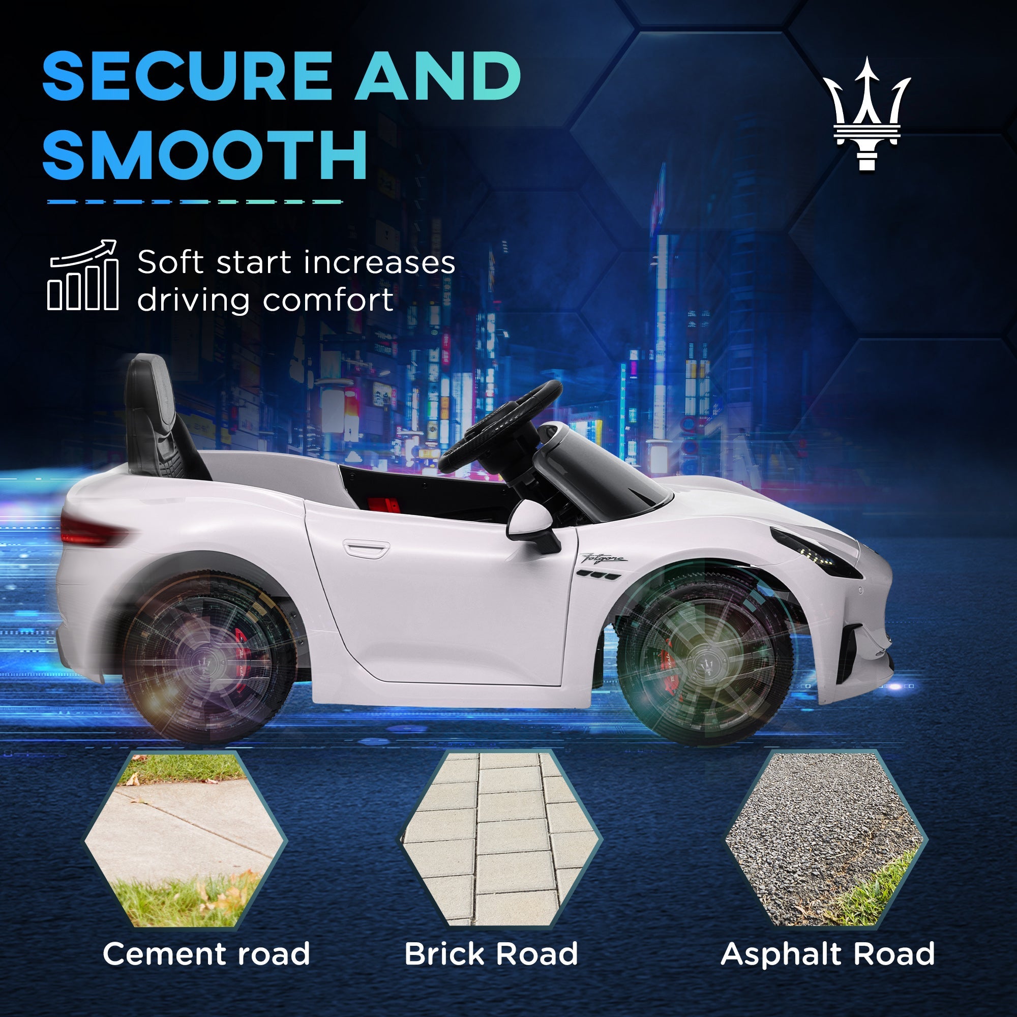 Qaba 12V Maserati Gran Turismo Licensed Kids Electric Car w/ Remote Control, Soft Start, LED Lights, Music, Horn, MP3, White 