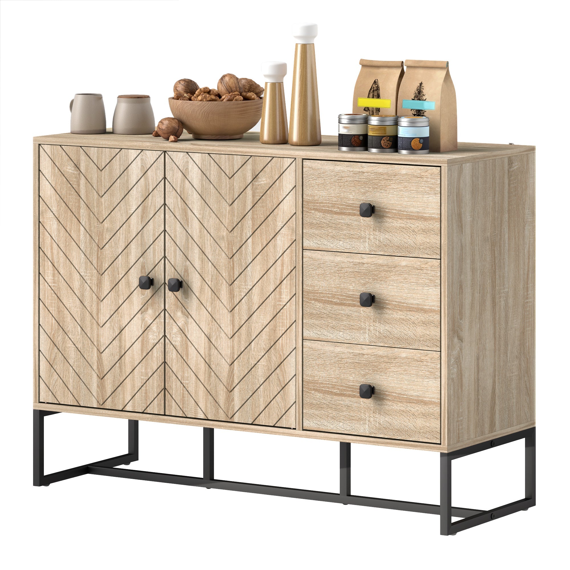 HOMCOM Modern Sideboard, 42.5" Buffet Cabinet with Adjustable Shelves and 3 Drawers, Coffee Bar Cabinet with 2 Doors, Oak 