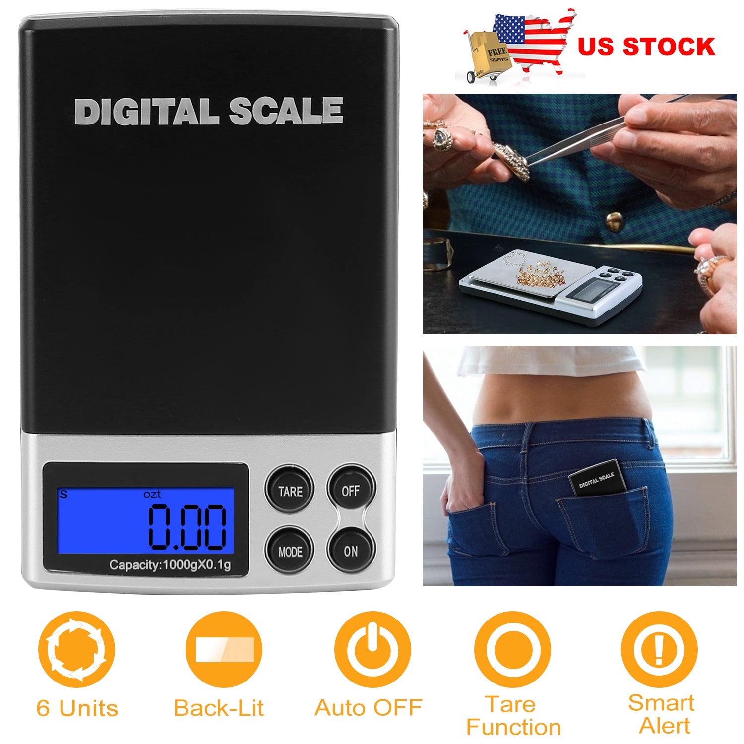 iMounTEK Digital Scale 1000g x 0.1g Pocket Electronic Kitchen Scale with 6 Units Tare Function LCD Backlit Screen Auto OFF