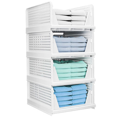 4 Packs Plastic Storage Box Closet Organizer Foldable Storage Bin Stackable Drawer with Slide Rail Push-Pull Storage Basket for Living Room Bedroom Wa 