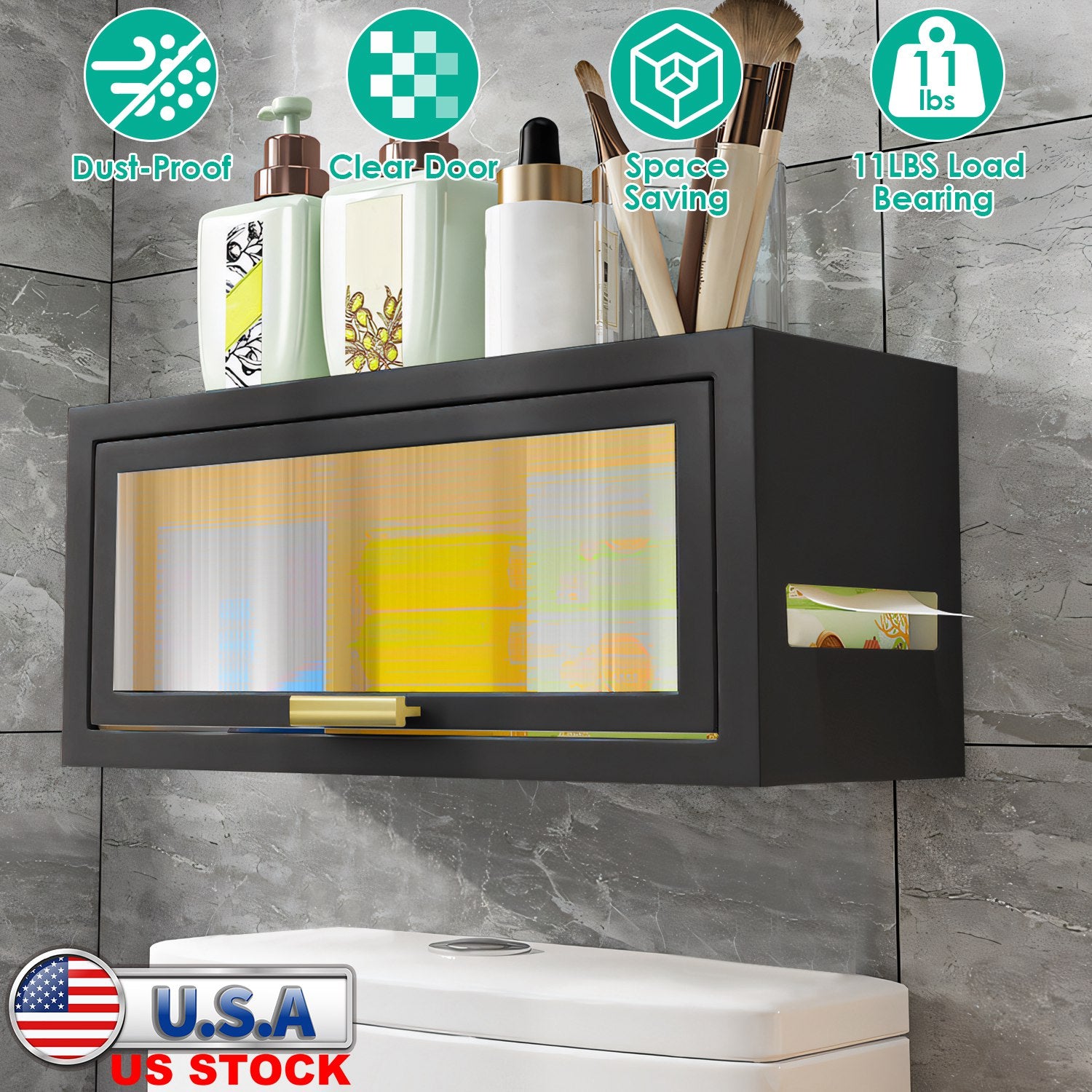 Over The Toilet Storage Cabinet Bathroom Storage Organizer Wall Mounted Toilet Storage Box with Dust-Proof Transparent Magnetic Door Side Opening