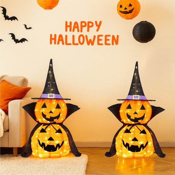 2Packs 3FT Halloween Collapsible Lighted Pumpkin Decoration, 176 LED Pop-Up Pumpkin Lamp With Cape, Plug In Halloween Jack-O-Lantern With Metal Stand For Indoor Outdoor Garden Patio Party Decor 
