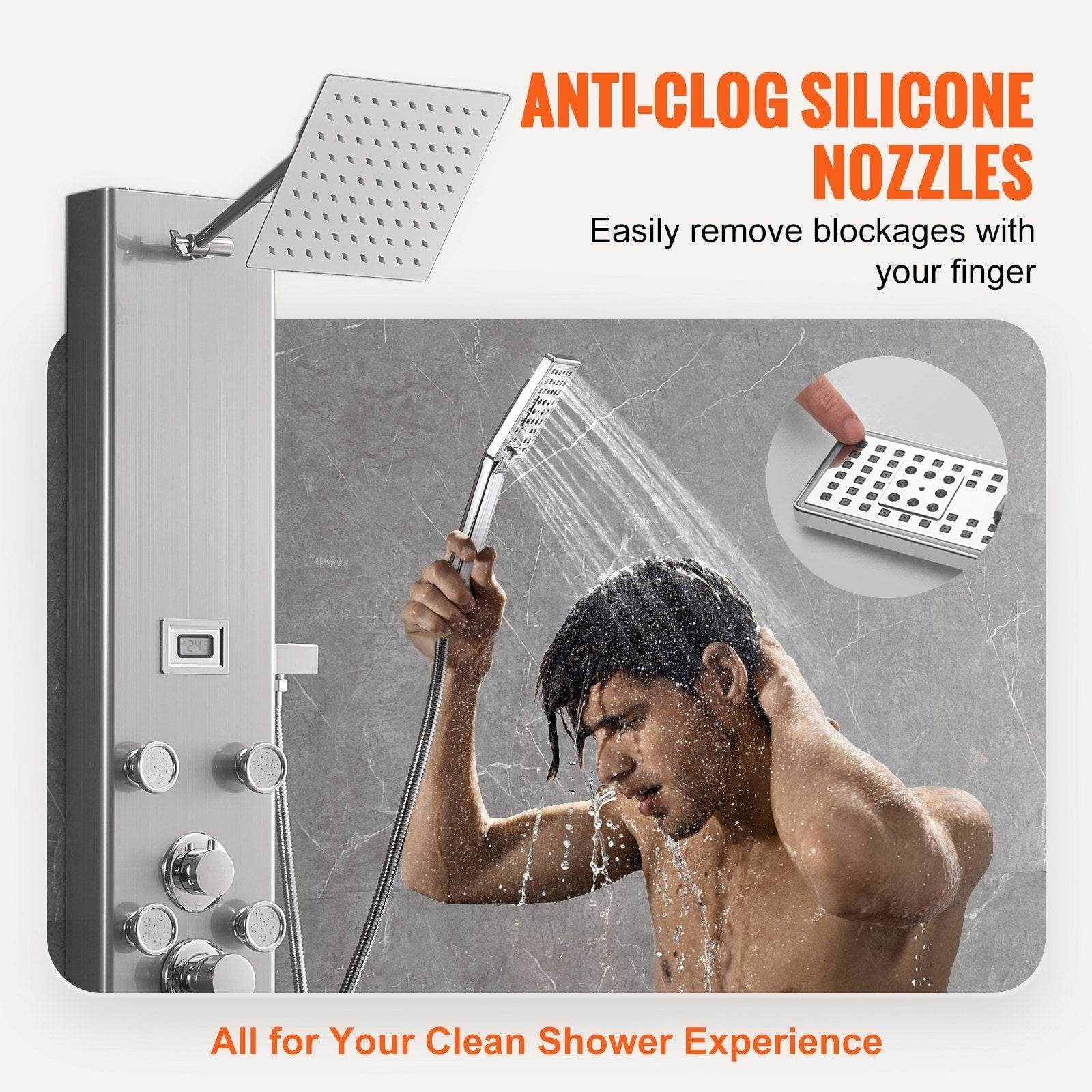 Shower Panel System, 5 Shower Modes, Digital Display Shower Panel Tower, Rainfall, 8 Massage Jets, Tub Spout, 3-Setting Handheld Shower Head 59 Hose, Stainless Steel Wall-Mounted Shower Set 