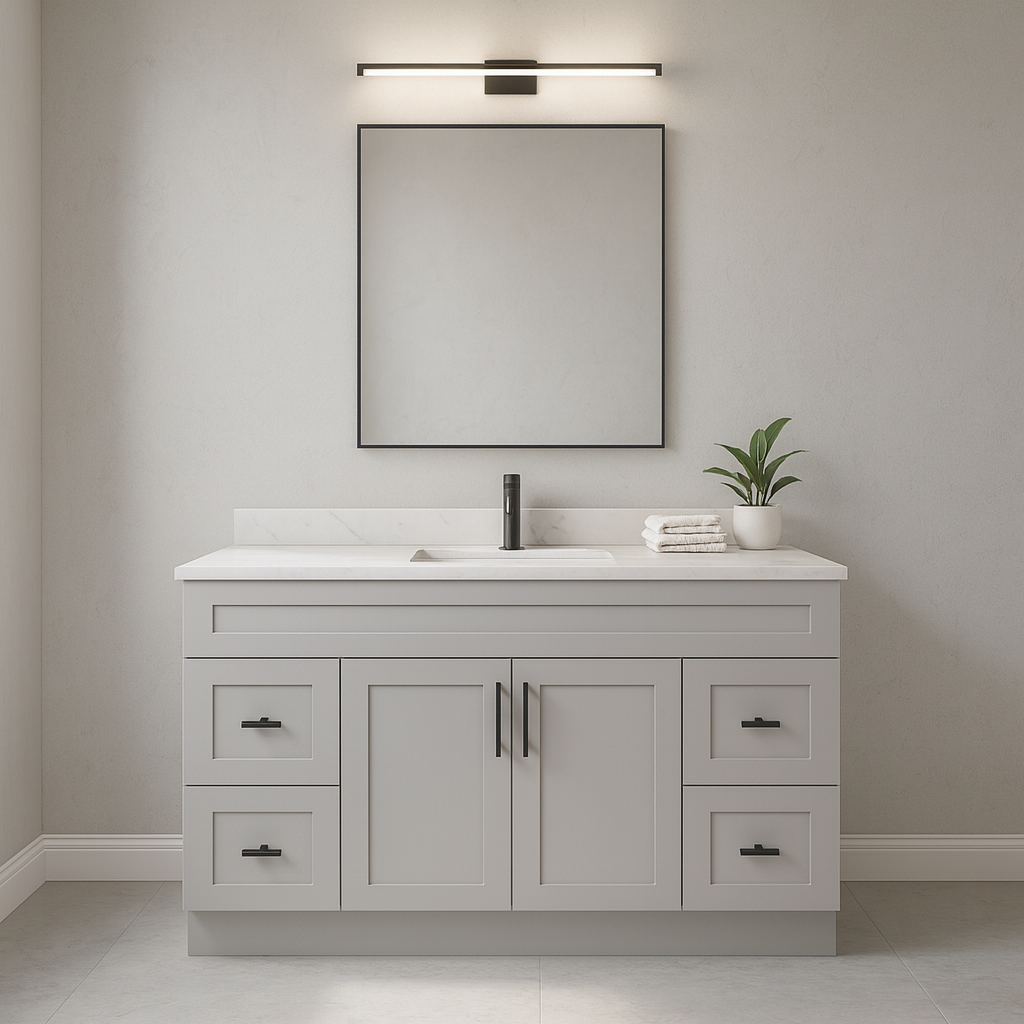 60-Inch Single Sink Shaker Bathroom Vanity — White or Gray | Plywood Cabinet, Solid-Wood Doors, Soft-Close 3-Way Clip-On Hinges | 4 Drawers, Center Double Doors 