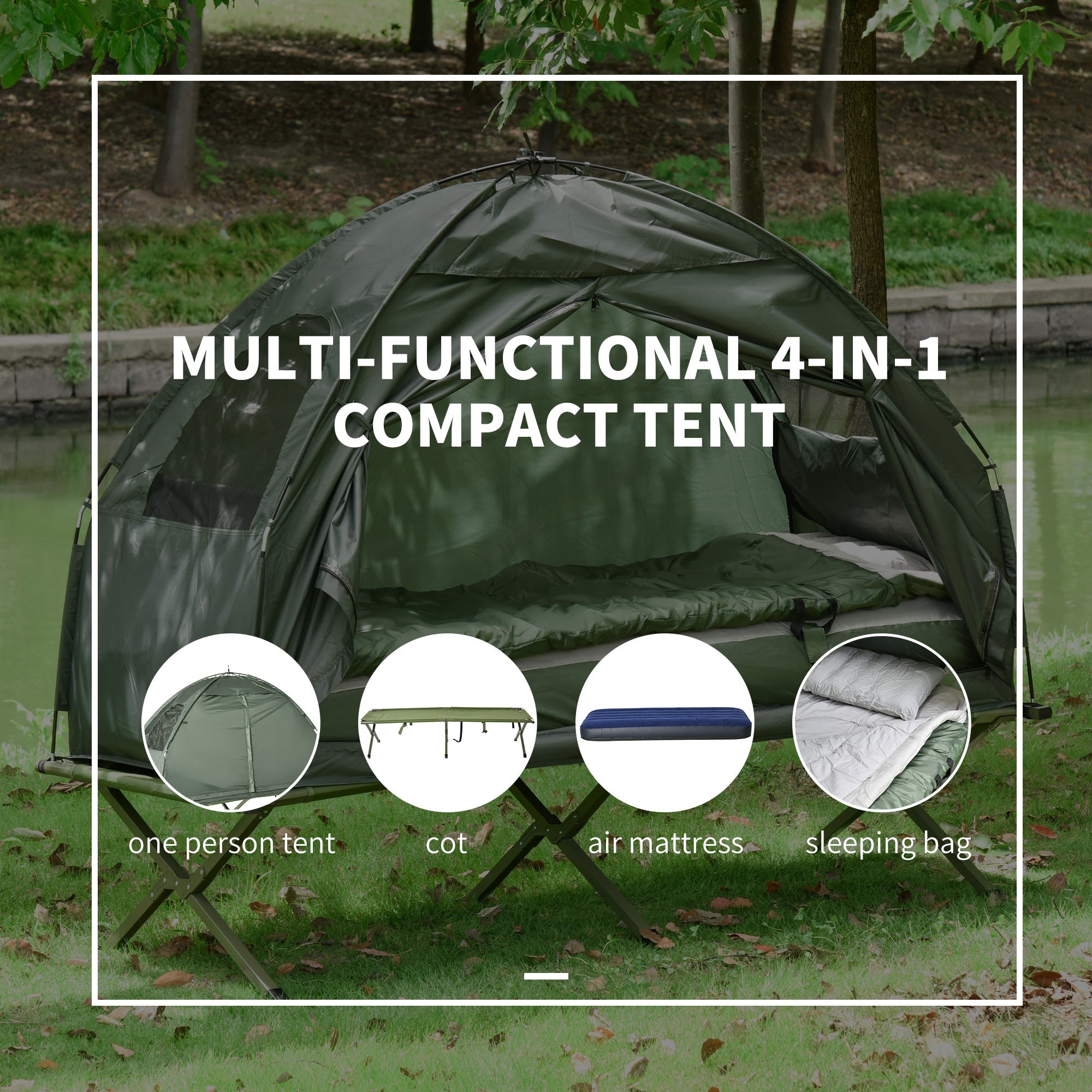Outsunny Hiking Tent Camping Bed Cot Combo Portable w/ Sleep Bag Mattress 