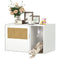 Cat Litter Box Enclosure, Cat Washroom End Side Table with Rattan Door, Scratching Pad, Non-slip Foot Pads, White