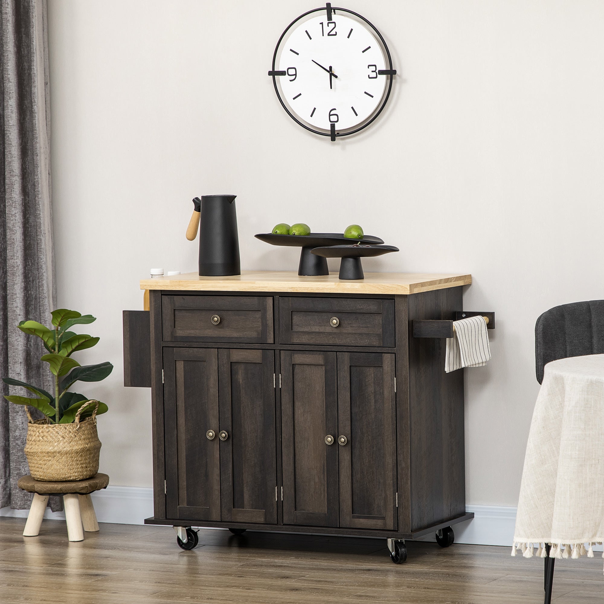 HOMCOM Rustic Kitchen Trolley: Rubber Wood Top, Spice Rack, Towel Rail for Functionality, Oak Brown 
