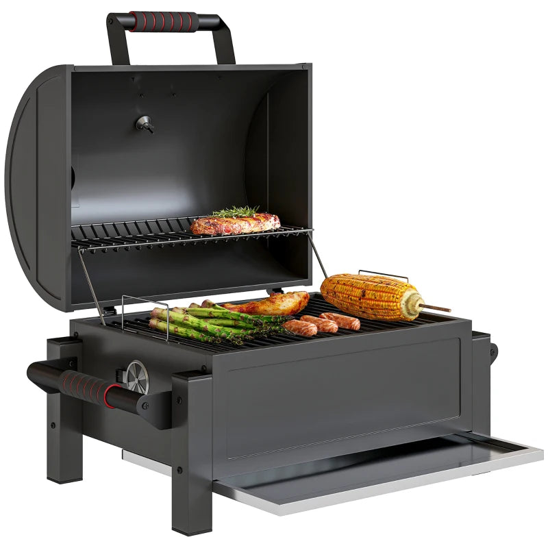 Tabletop Charcoal Smoker, Portable BBQ with Ash Catcher and Thermometer for Backyard, Camping, Picnic, Black