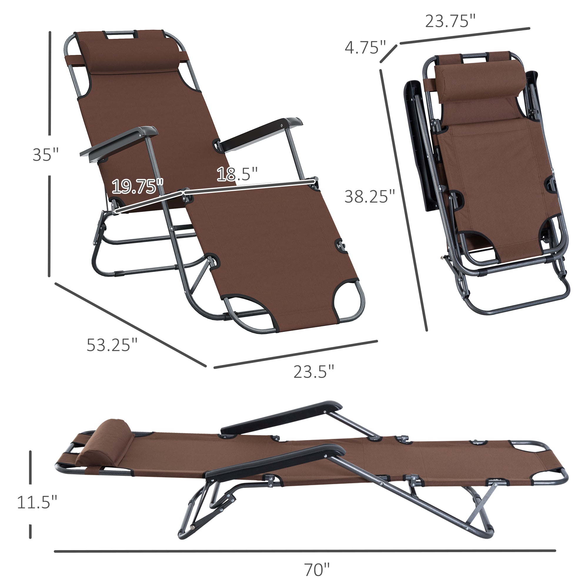 Outsunny Adjustable Folding Chaise Lounge Chair Portable Recliner Sun Lounger Outdoor Garden Seat with Pillow Brown 