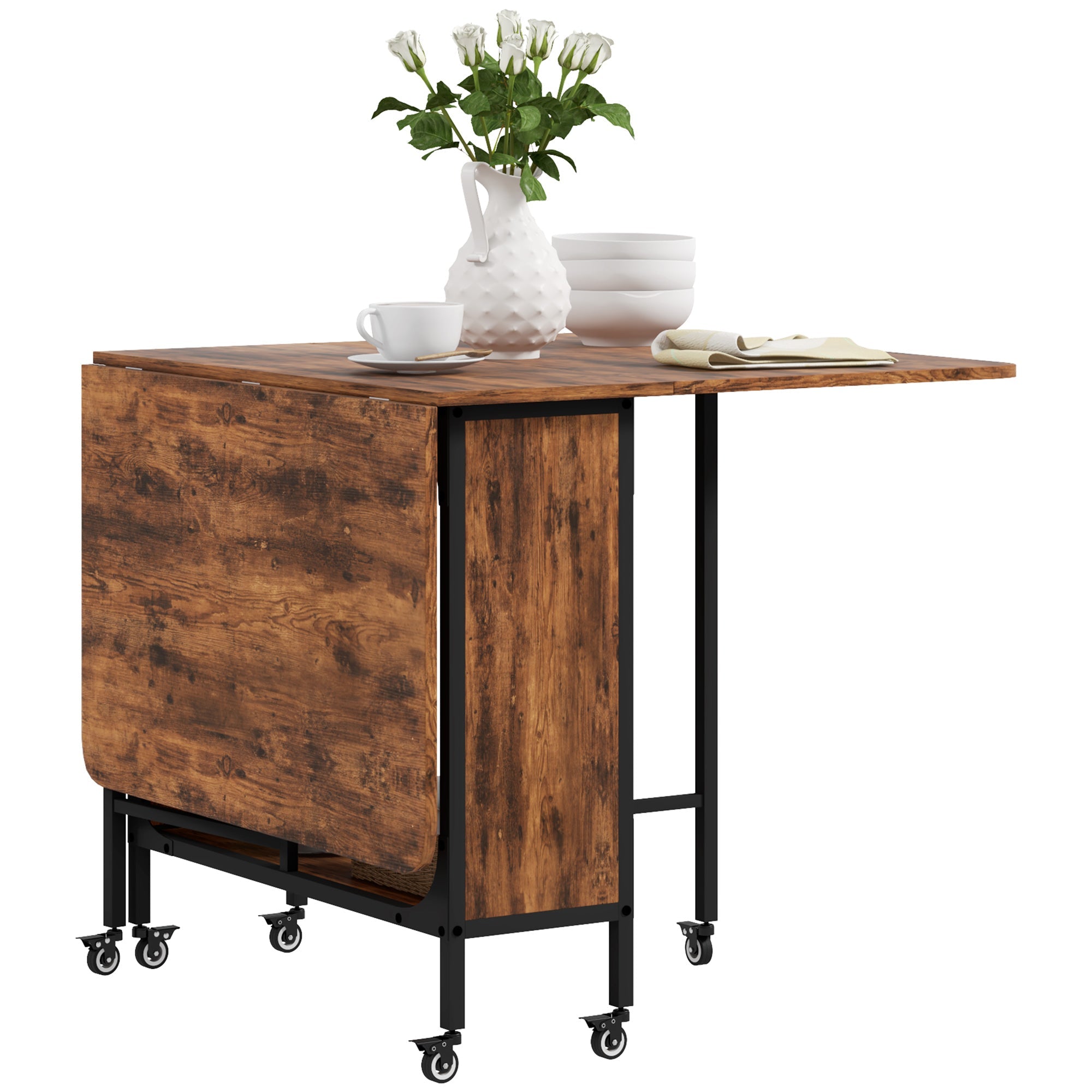 HOMCOM Folding Dining Table, Extendable Kitchen Table for Small Spaces with Storage Shelf and 6 Wheels, Rustic Brown 