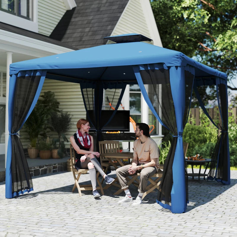 9.6' x 9.6' Patio Gazebo Outdoor Pavilion 2 Tire Roof Canopy Shelter Garden, Steel Frame w/ Mosquito Netting, Dark Blue