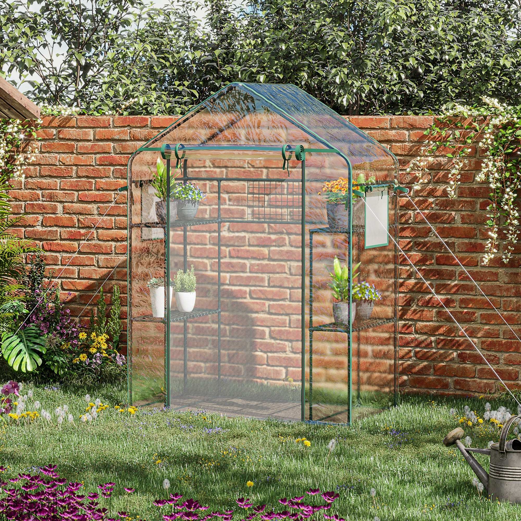 Outsunny 3-Tier Mini Greenhouse, Walk-in Greenhouse, Garden Hot House with 4 Shelves, Roll-Up Door, Mesh Windows, Trellis and Plant Labels, 56" x 29" x 77", Clear 