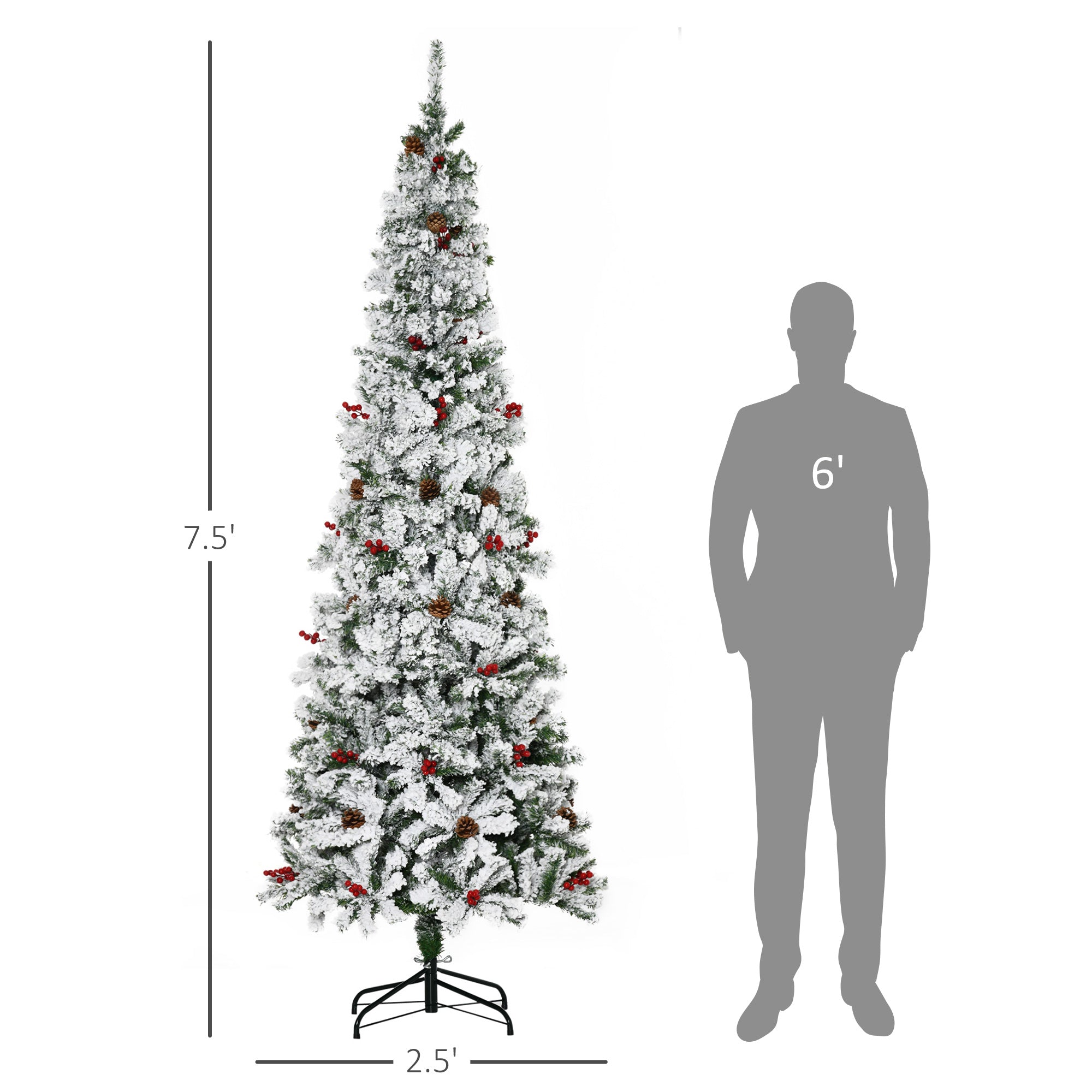 HOMCOM 7.5 Foot Pencil Snow Flocked Artificial Christmas Tree with 950 Pine Realistic Branches, Pine Cones, Red Berries, Auto Open 
