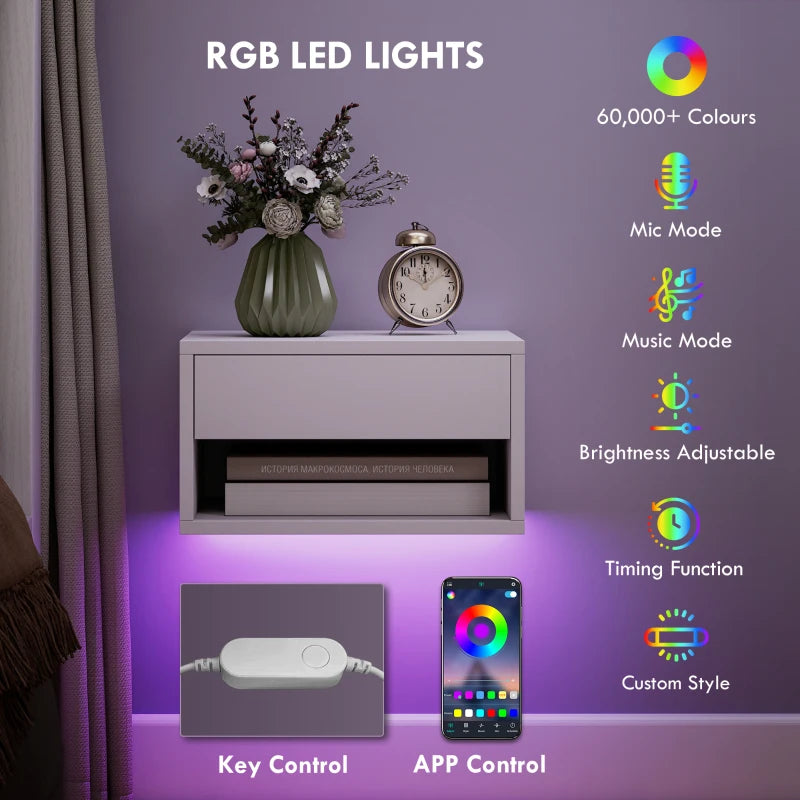 Floating Bedside Table Set of 2 with RGB LED Lights, App-Controlled Wall Mounted Nightstands with Drawer & Open Shelf, White