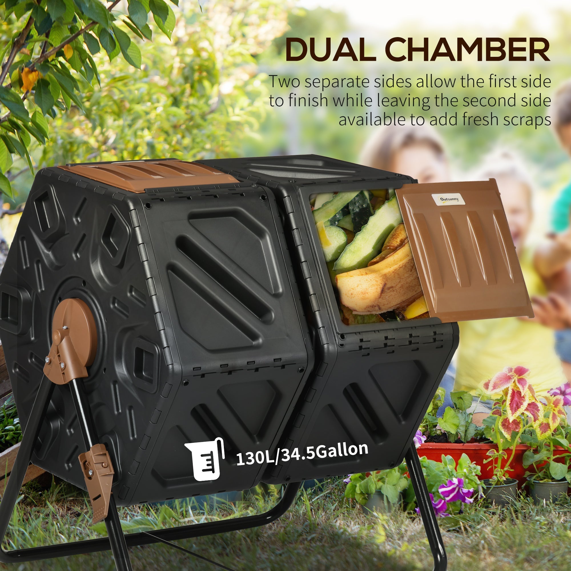 Outsunny Dual Chamber Compost Bin Rotating Composter with 24 Vents Steel Legs for Efficient Composting 34.5 Gallon 
