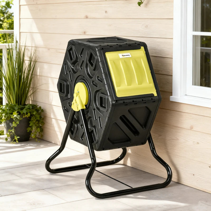Rotating Composter, Compost Bin with 24 Vents and Steel Legs, 17 Gallon, Yellow