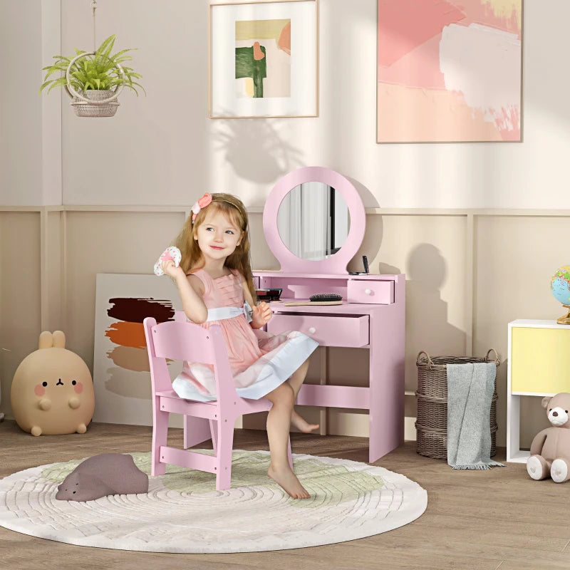 Qaba Kids Vanity Set, Children Makeup Table with Mirror, Stool and Storage Drawers, for Ages 3-8, Pink