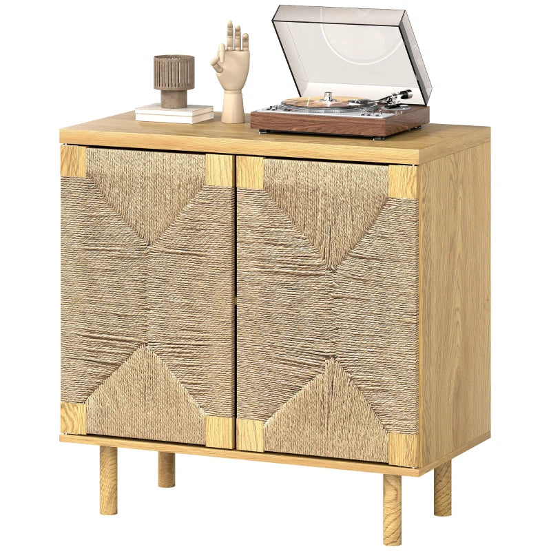 Handwoven Rope Accent Cabinet Boho Sideboard Buffet Cabinet with Push to Open Doors Adjustable Shelf Pine Wood Legs Oak