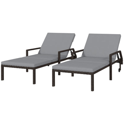 Outsunny 2 Piece Wicker Chaise Lounger PE Rattan Outdoor Lounge Chair Recliner with Adjustable Backrest and 2 Wheels, Grey 