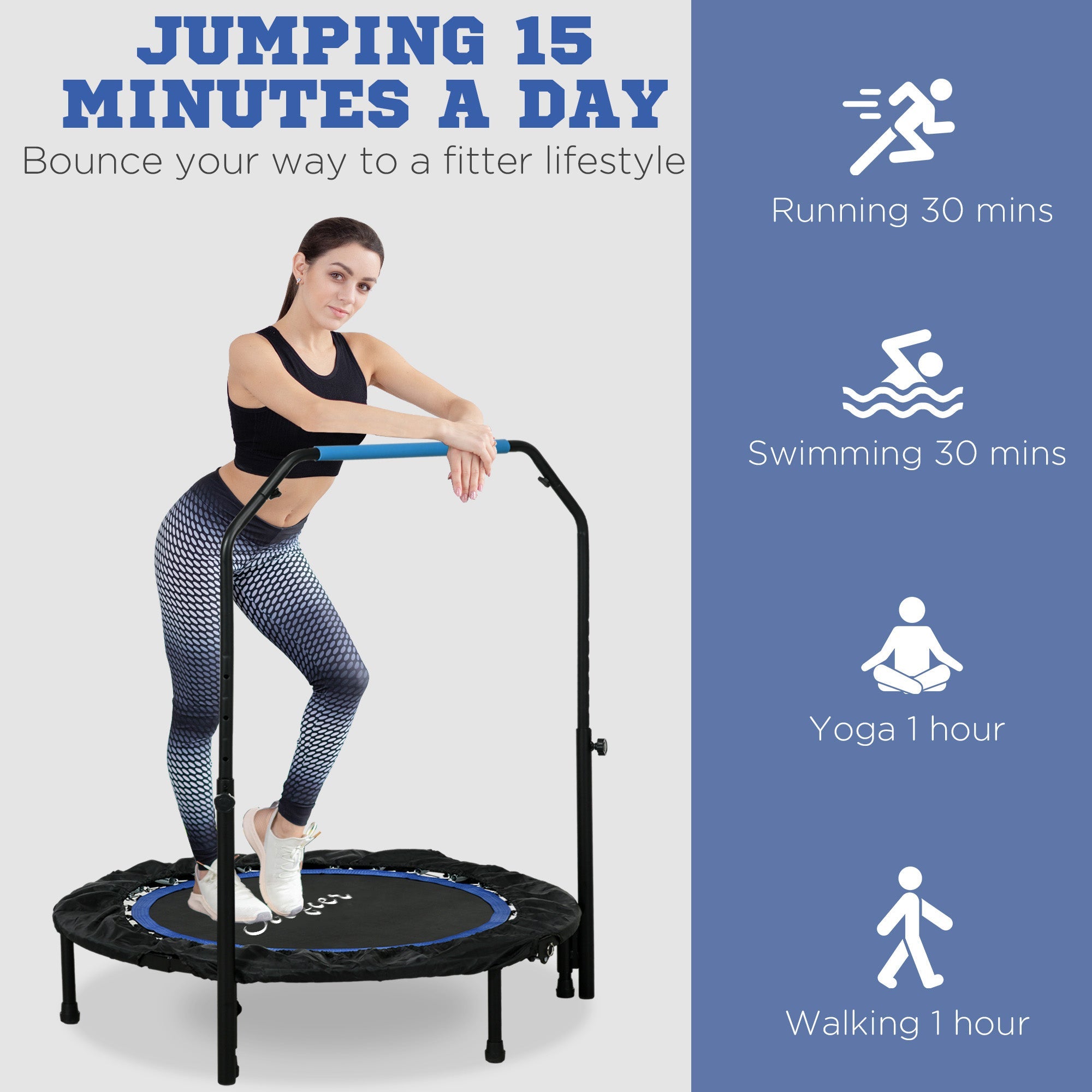 Soozier 40" Foldable Mini Fitness Trampoline, with Adjustable Foam Handle, Blue 