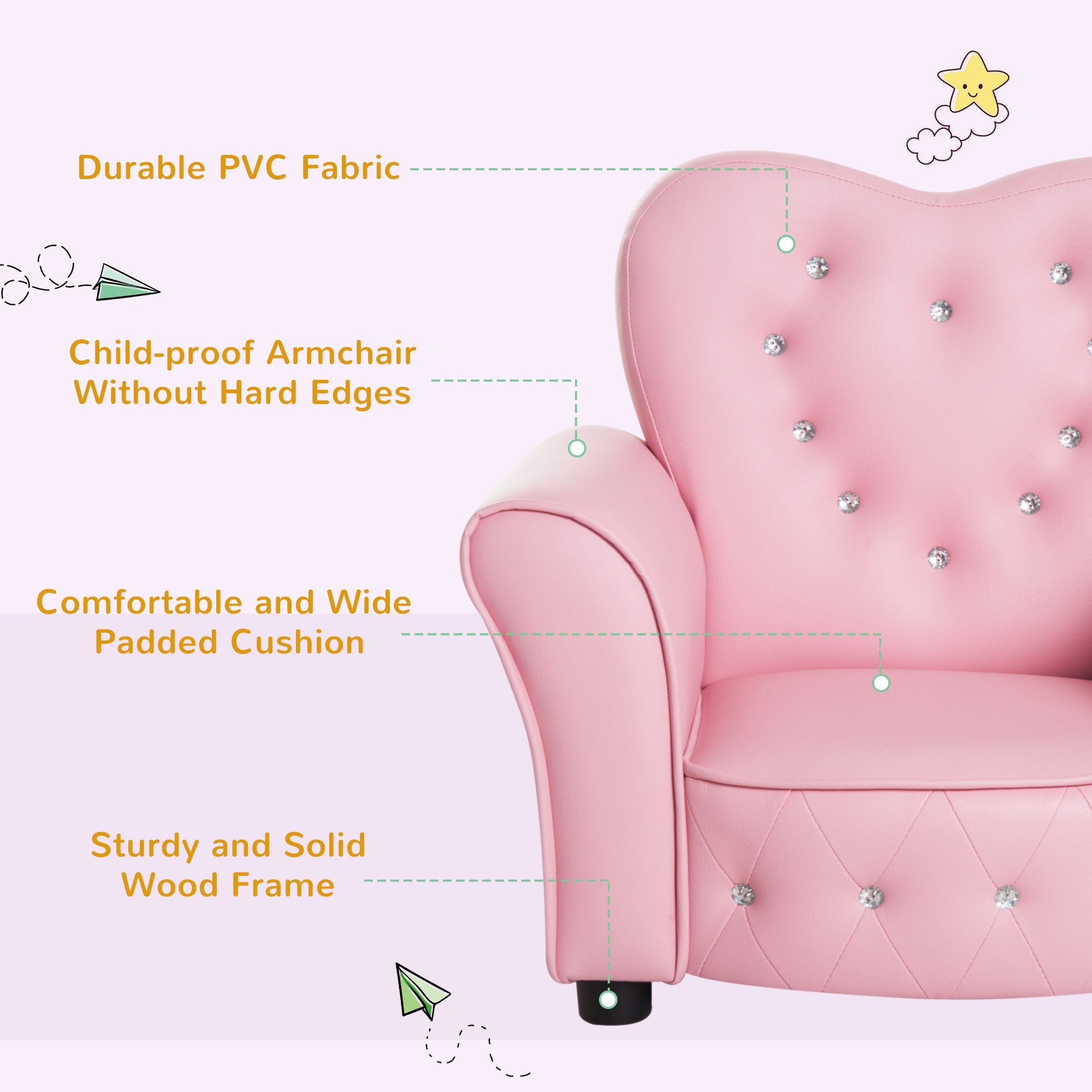 Qaba Kids Mini Princess Sofa Chair Toddler Children Upholstered Tufted Armchair Activity Couch Reclining Seat Boys Girls Furniture Pink 