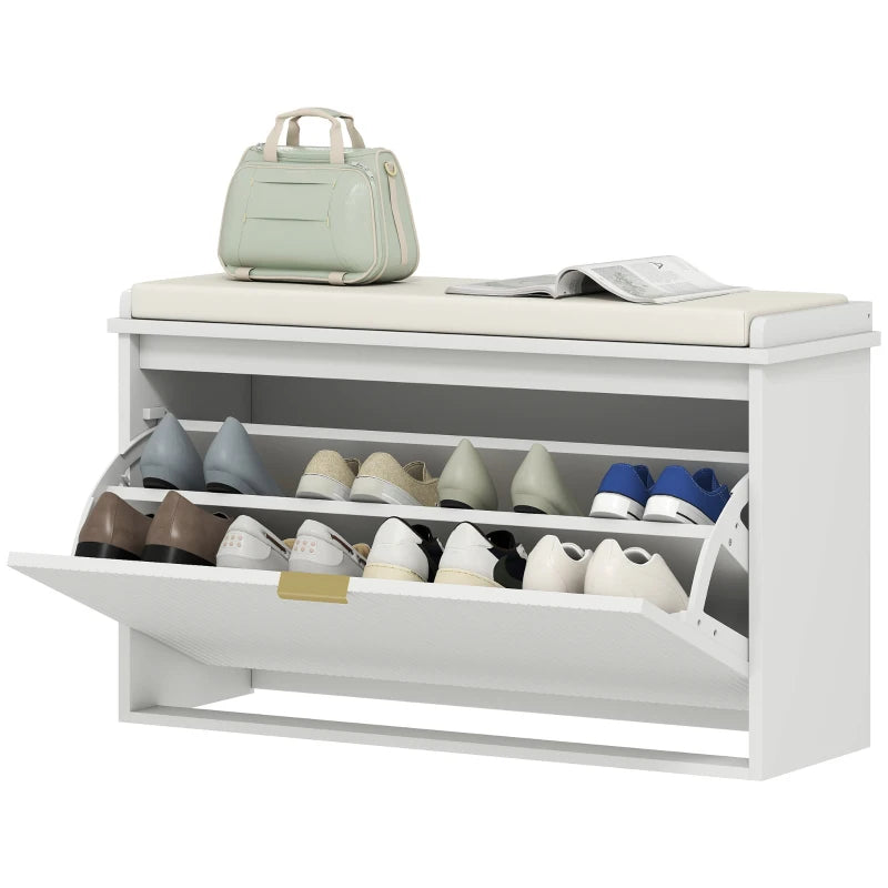 Entryway Bench with Padded Seat and Flip-Drawers, Holds up to 265lbs, Shoe Storage Bench for 8 Pairs of Shoes, White
