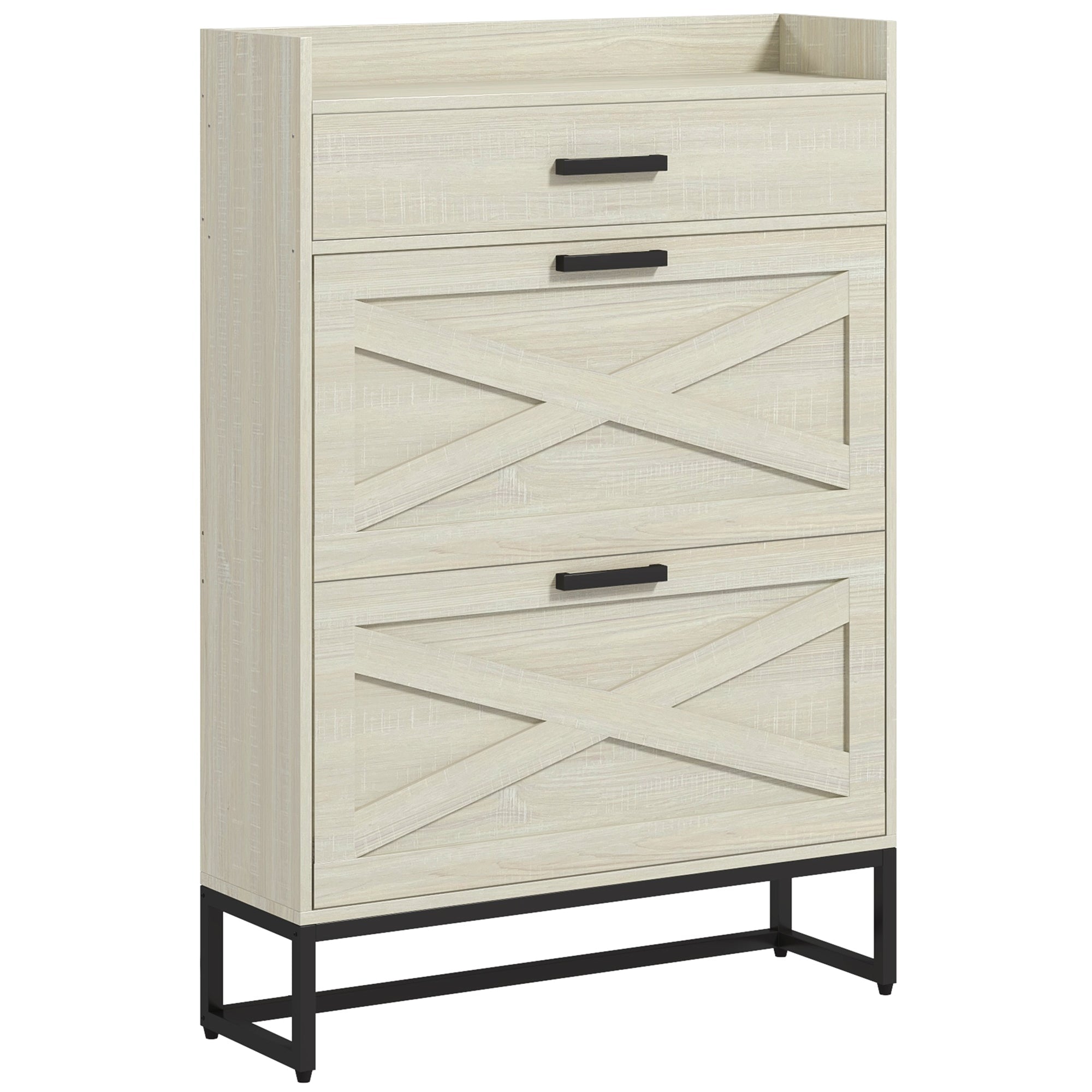 HOMCOM Narrow Shoe Cabinet Organizer with 2 Flip Drawers Adjustable Shelves for 12 Pairs Distressed White 