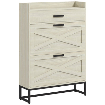 HOMCOM Narrow Shoe Cabinet Organizer with 2 Flip Drawers Adjustable Shelves for 12 Pairs Distressed White 