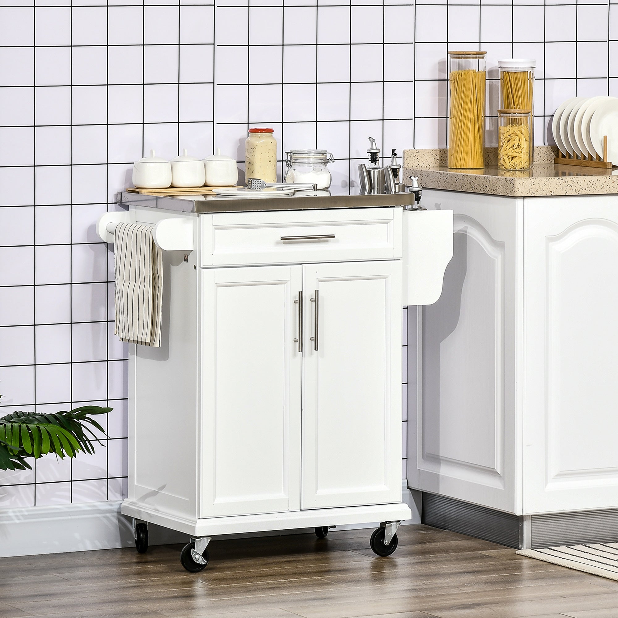 HOMCOM Kitchen Mobility: Rolling Serving Cart with Stainless Steel Top and Wheels, White Finish 