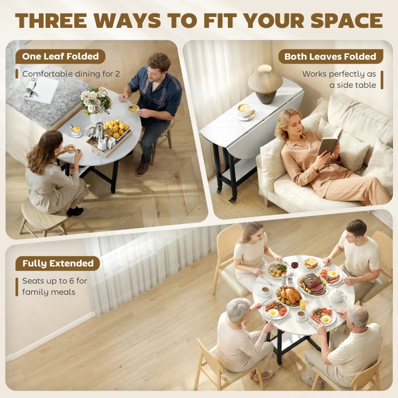 Folding Dining Table, Drop Leaf Table with Open Shelf, Rolling Kitchen Table for Dining Room, Small Spaces, White Marble
