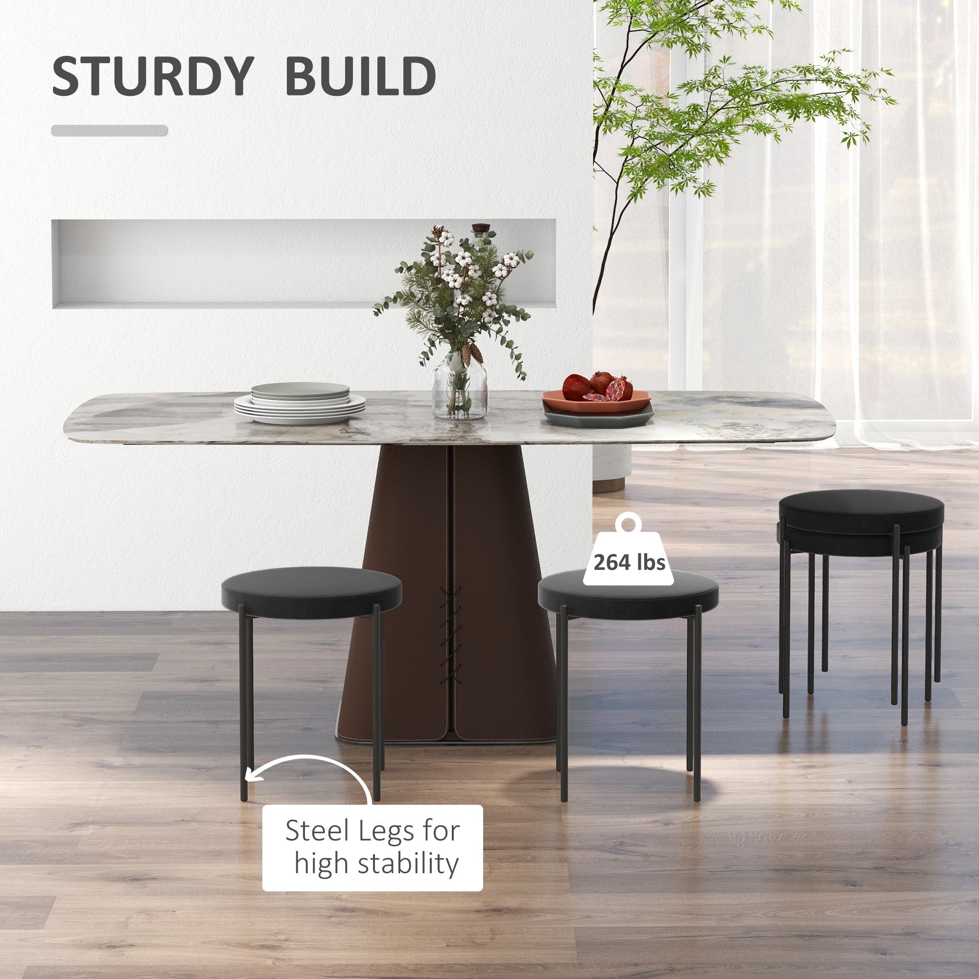 HOMCOM Backless Round Stackable Kitchen Dining Stools Set of 4 Metal Legs Black 