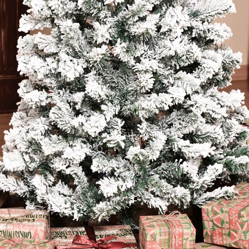 HOMCOM 7.5FT Prelit Snow Flocked Christmas Tree with Warm White LED Lights, Artificial Holiday Decoration 