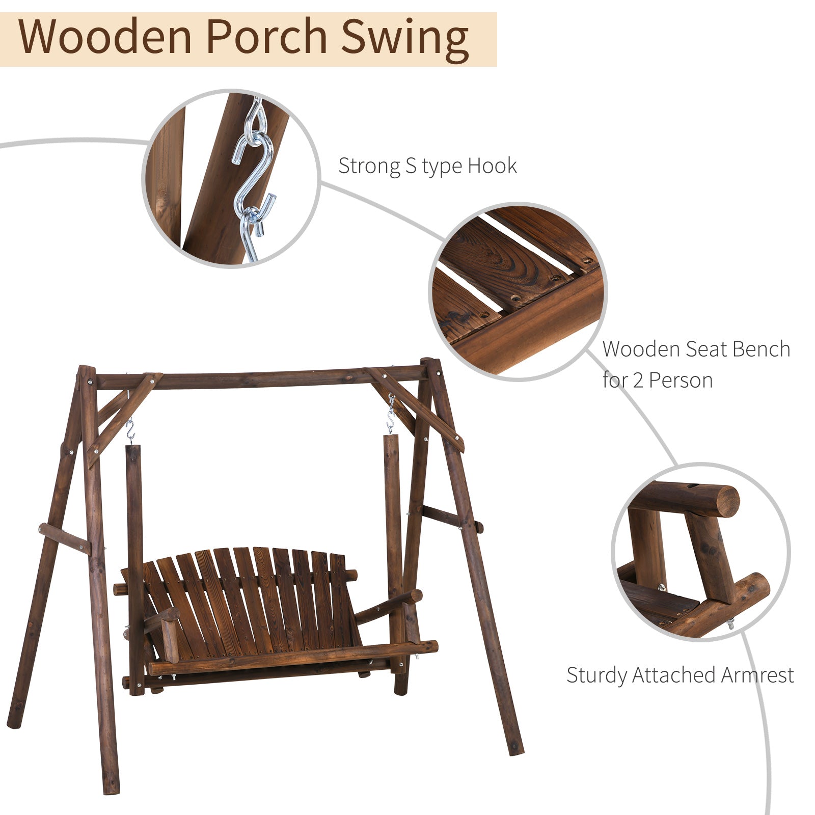 Outsunny Freestanding 6.5' Wooden Loveseat Traditional Farmhouse Style Log Swing Carbonized 