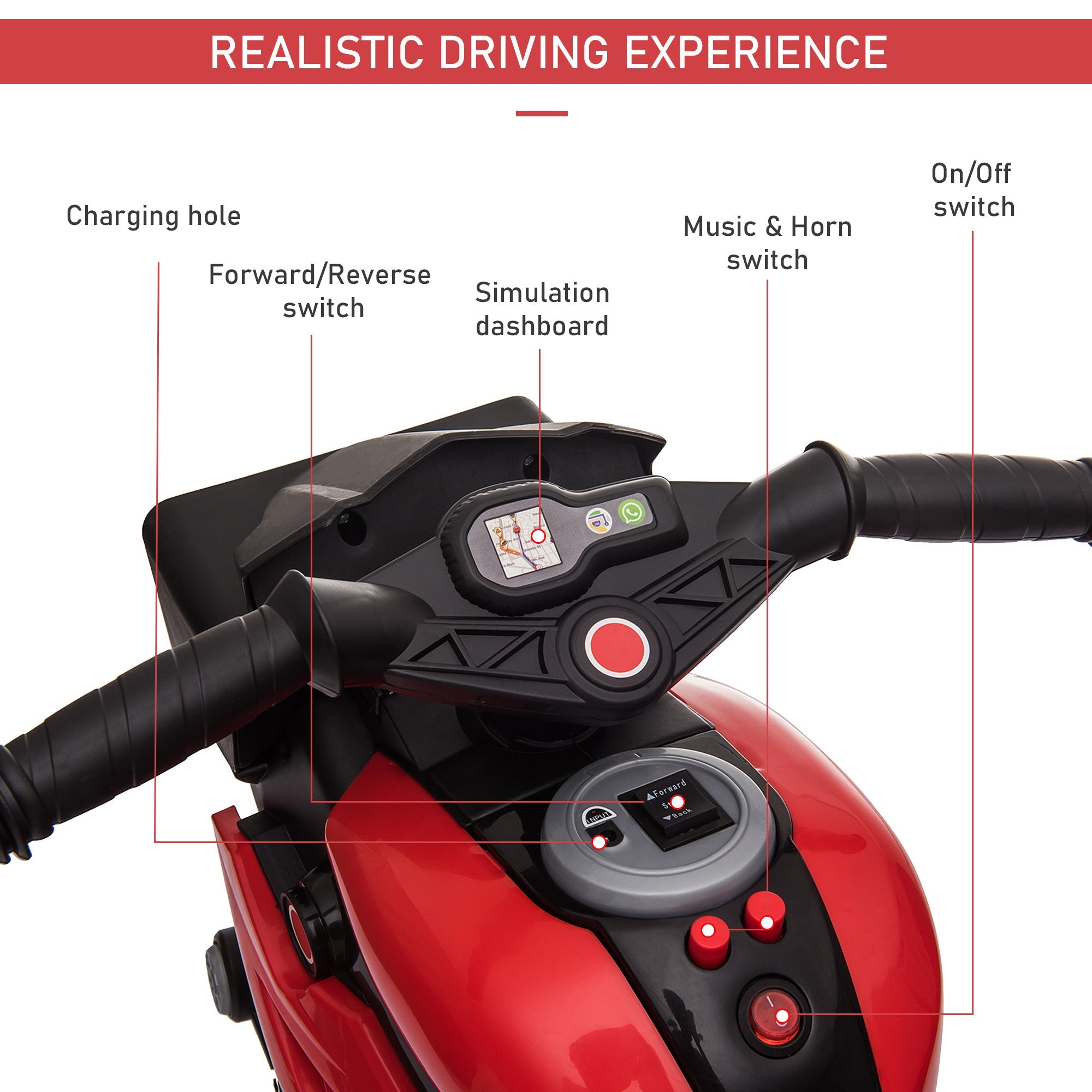 Aosom Kids Electric Motorcycle Ride-On Toy 6V Battery Powered with Music Horn Headlights Red 