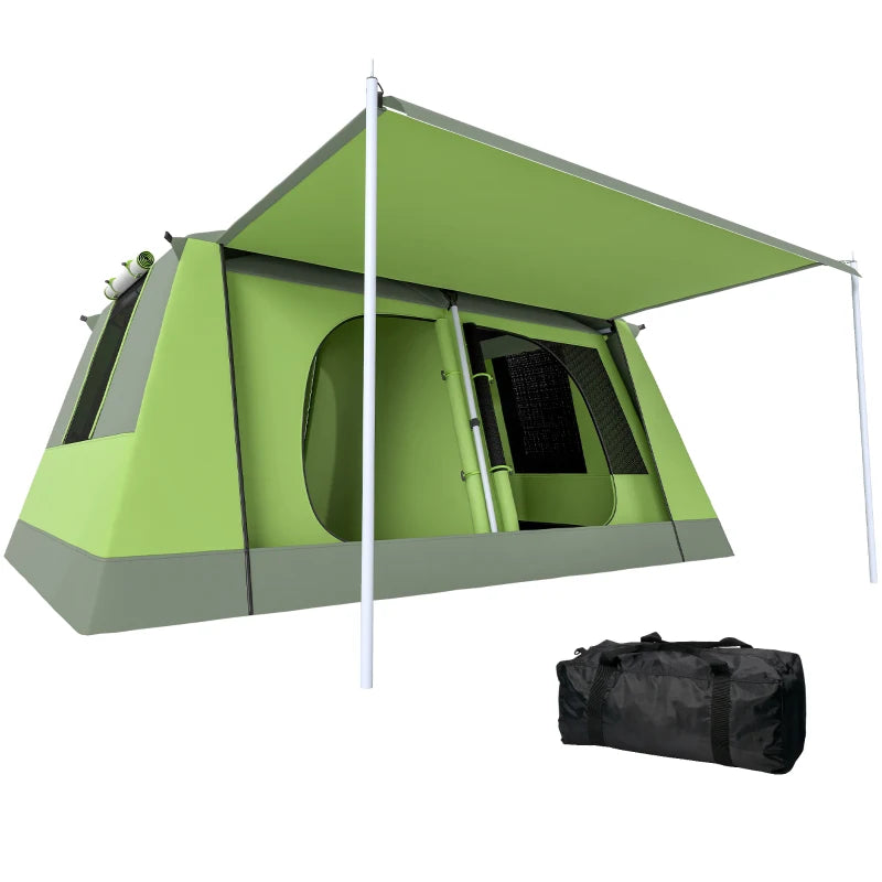 Tunnel Tent Camping Shelter w/ Porch, Two Rooms, Lamp Hook, Portable Carry Bag, Green