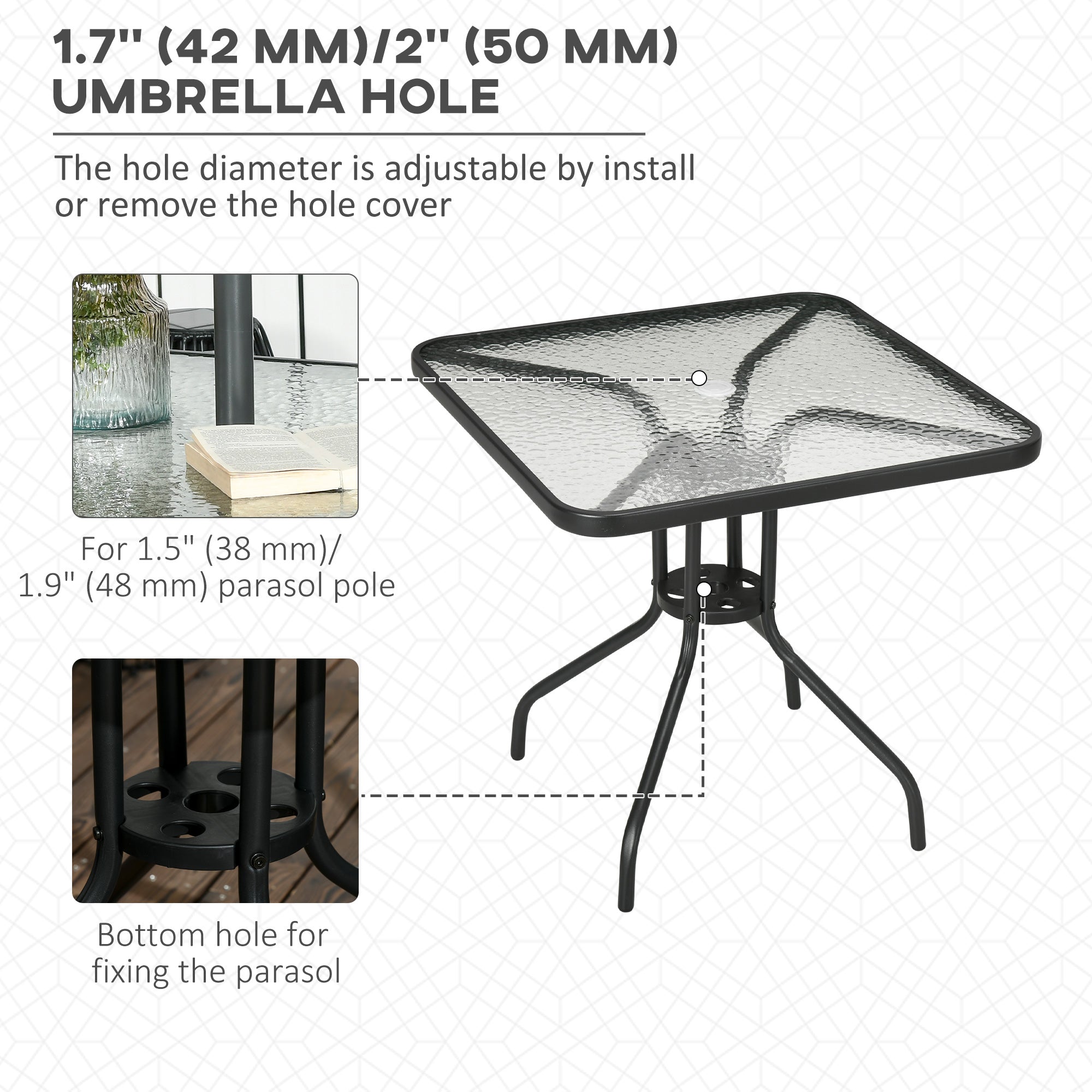 Outsunny Square Outdoor Dining Table - Tempered Glass Top with Umbrella Hole, Perfect for Garden & Balcony, Black 