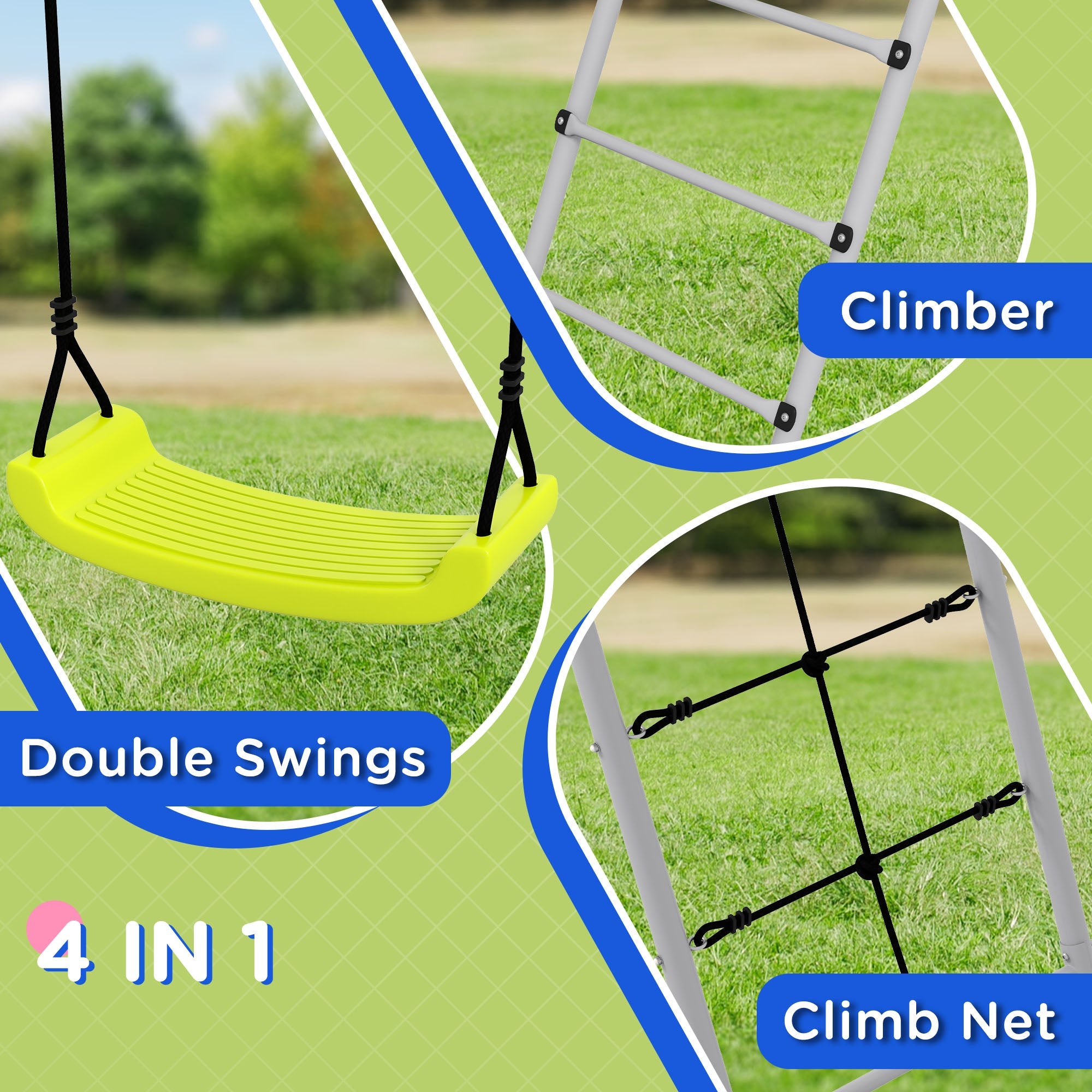 Outsunny 4-in-1 Metal Swing Set Double Swings Climber Climbing Net Kids Toddlers Backyard Outdoor Playground 