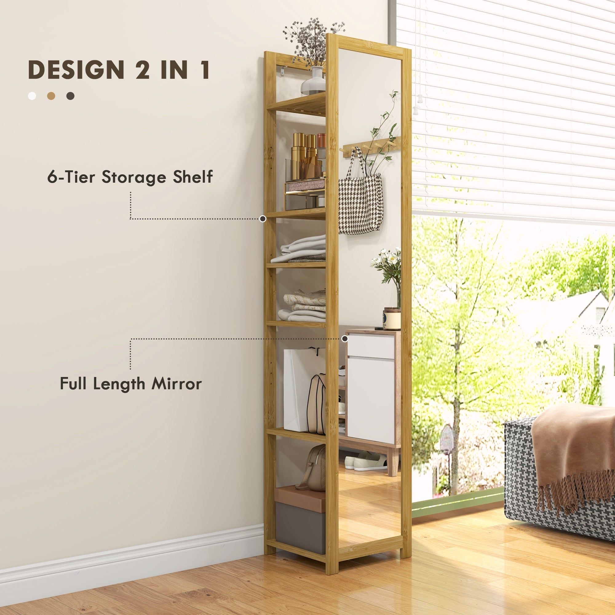 HOMCOM 6-Tier Bamboo Bathroom Shelves with Mirror, Freestanding Bathroom Rack with 6 Slatted Shelves, Nature Wood 