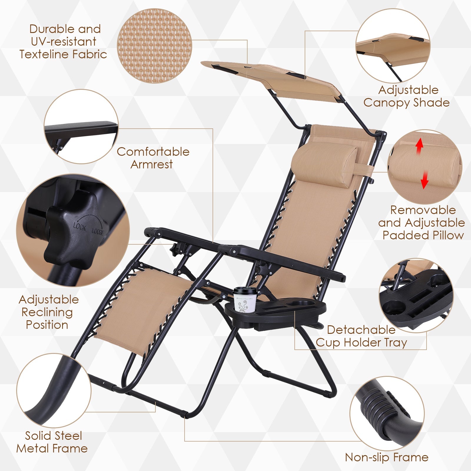 Outsunny Zero Gravity Chair 2pc Adjustable Patio Lounge Recliner with Cup Holder Canopy Shade Beige 