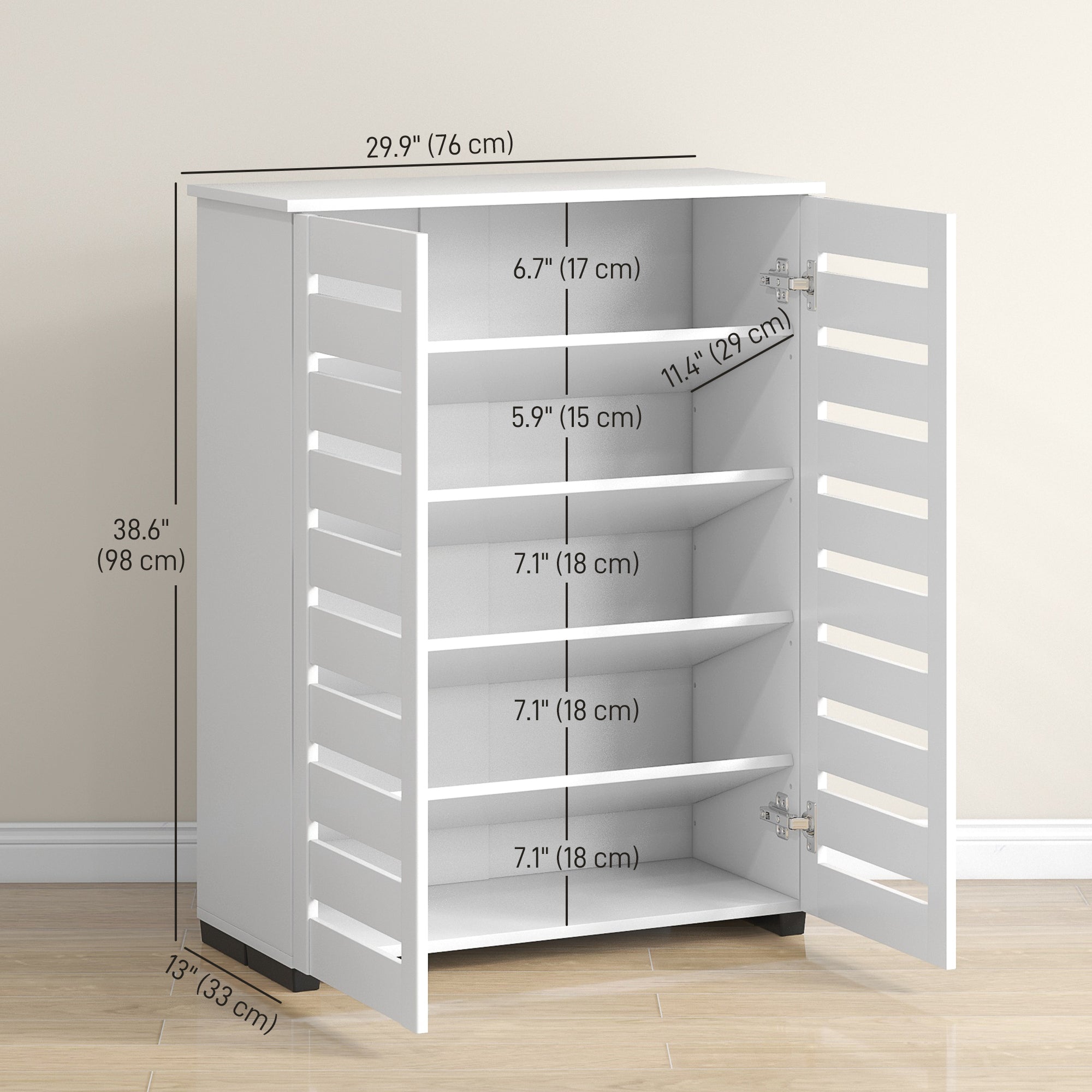 HOMCOM Shoe Storage Cabinet, Shoe Cabinet with 2 Slatted Doors for 15 Pairs of Shoes, White 